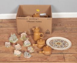 A box of Denby Langley dinner wares along with small collection of Lilliput Lane cottages.