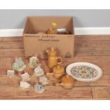 A box of Denby Langley dinner wares along with small collection of Lilliput Lane cottages.