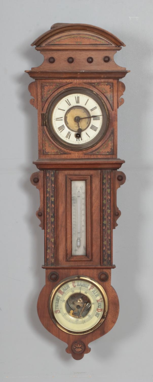 A Victorian walnut cased wall clock, thermometer and barometer, with white enamel dial set with