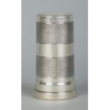 A George V silver cylindrical shaving brush case with engine turned decoration. Housing a Kelson