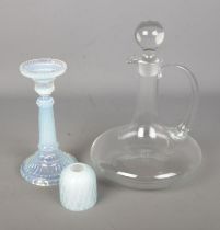 A collection of glassware to include Victorian Burmese glass fairy lamp shade in blue, iridescent