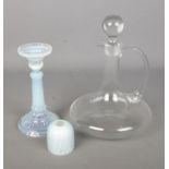 A collection of glassware to include Victorian Burmese glass fairy lamp shade in blue, iridescent