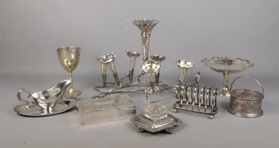 A good collection of metalwares, to include epergne with seven flutes, 'Stanley Pit Pony Races' 1921