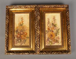 Two Katie Holland gilt framed oil on board depicting floral still life. Approx. dimensions including