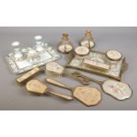 A quantity of dressing table items. Includes Noritake and embroided examples.