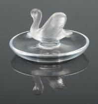 A Rene Lalique pin dish featuring central frosted Swan figure. Signed to base.