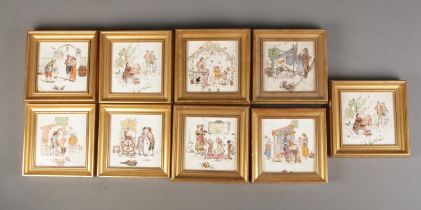 A set of nine framed French tiles (includes one duplicate). 21x21cm each approx