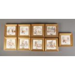 A set of nine framed French tiles (includes one duplicate). 21x21cm each approx