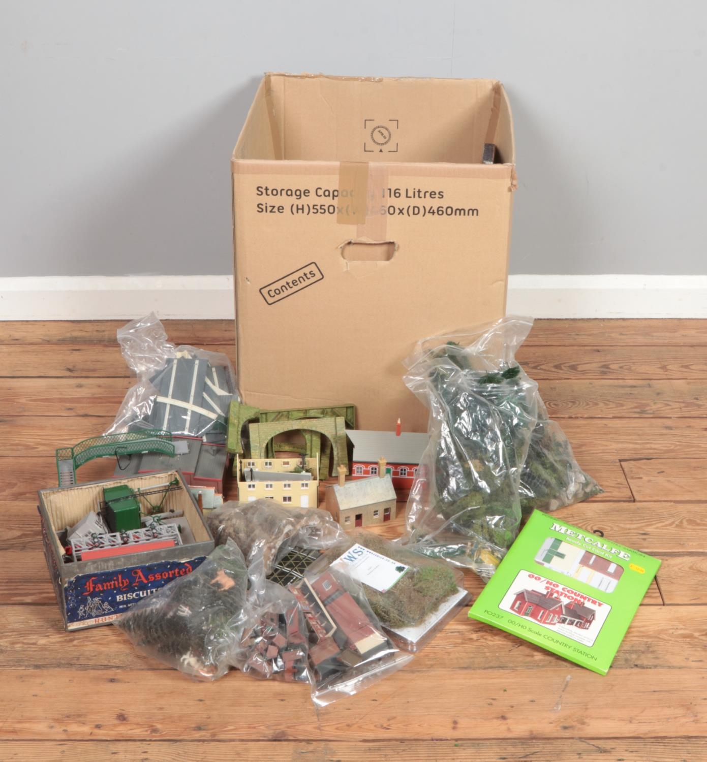 A large box of model railway diorama accessories including trees & foliage, rocks, animals, Metcalfe