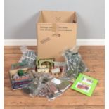 A large box of model railway diorama accessories including trees & foliage, rocks, animals, Metcalfe