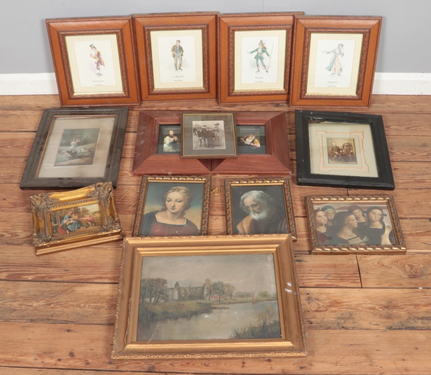 A collection of artworks, pictures and prints inlcuding unsigned oil on board, Charles Dickens