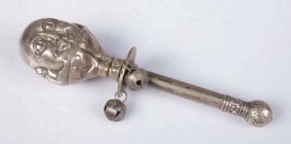 A Victorian silver plated 2 faced Humpty Dumpty baby rattle. Engraved Victoria Hayes born 3rd June