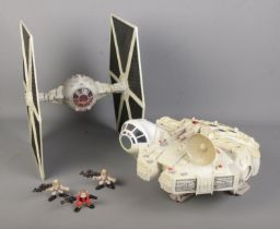 Two large Hasbro Stars Wars models to include Millennium Falcon and Tie Fighter along with three LTL