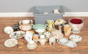 A large box of mixed ceramics including Wedgwood, Shelley, Foley China, Arthur Wood, West German