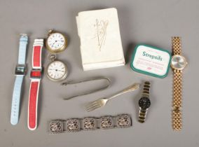 A quantity of collectables to include City Jewelry Co. pocket watch, white metal bracelet, silver