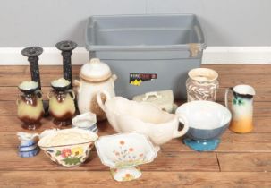 A large box of mixed ceramics including Rumtopf West German Pot, Crown Ducal cake stand, ceramic