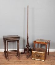 Four pieces of assorted furniture, including pole screen with carved tripod base, nest of three