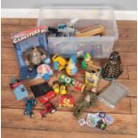 A box of toys, including vintage examples. Mr Potato Head and Pals, Rolly Toys clown, clockwork