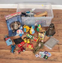 A box of toys, including vintage examples. Mr Potato Head and Pals, Rolly Toys clown, clockwork