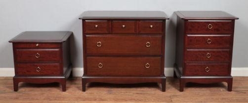Three pieces of Stag bedroom furniture, consisting of a chest of drawers, four drawer narrow chest