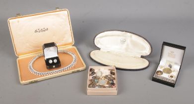 A collection of mainly costume jewellery, to include a boxed pearl necklace with silver clasp, Kirks
