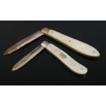 Two silver bladed fruit knives, both having mother of pearl scales. One by John Yeomans Cowlishaw,