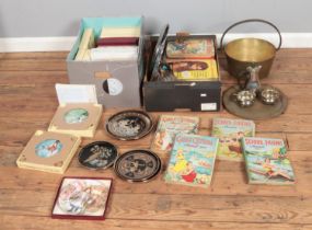 Two boxes of miscellaneous to include 1950's girl's annuals, Japanese cabinet plates Legends of