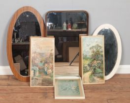 Three vintage mirrors, together with three pictures and prints; including two oil on board