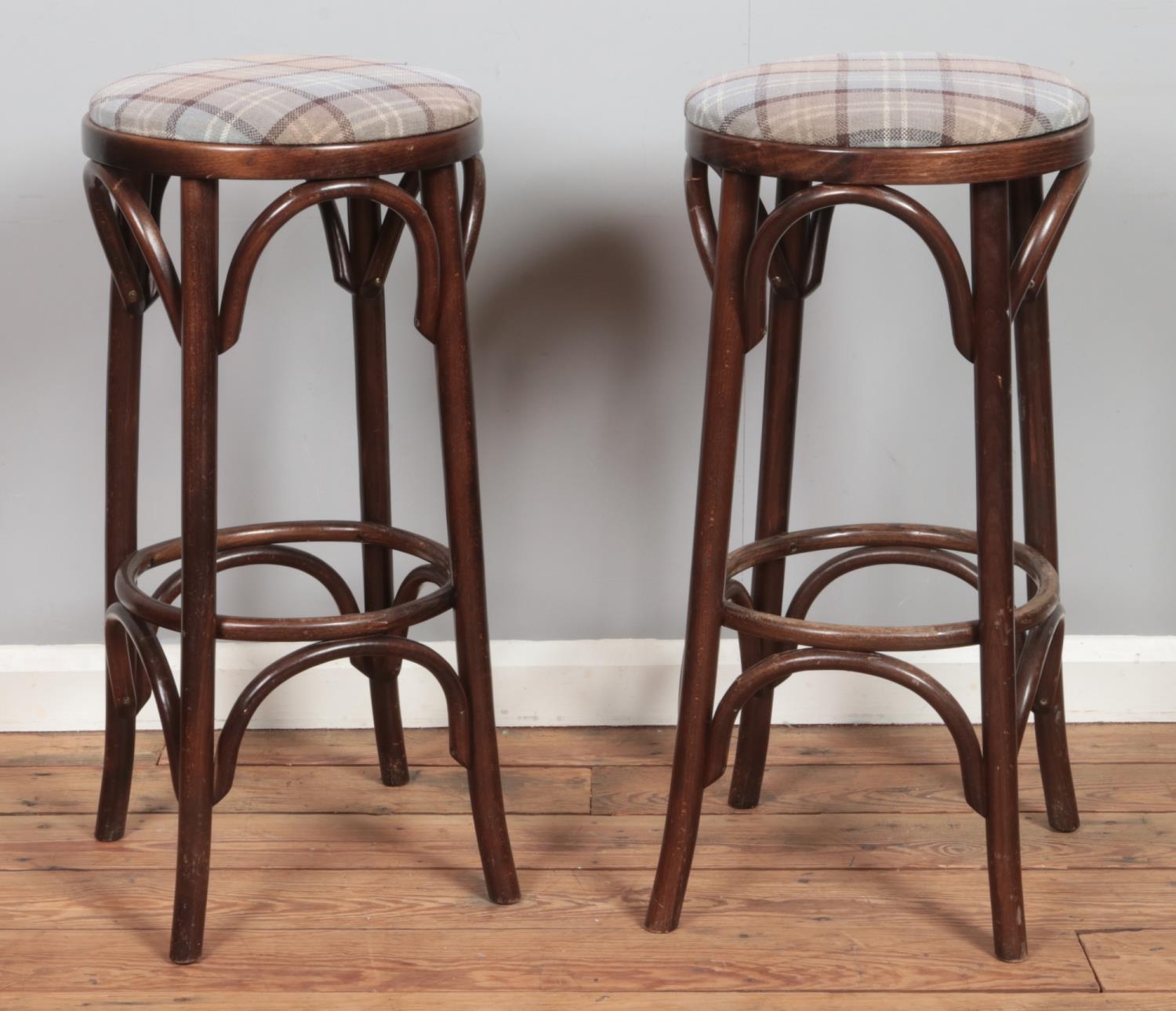 A set of six bentwood bar stools, with chequered pattern fabric seat pads. Height: 78cm. - Image 2 of 2