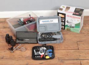 A boxed mini air compressor model AS18-2 along with cased Dremel Multi tool and collection of