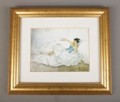 A gilt framed William Russell Flint print depicting a reclining woman. Approx. size 15.5cm x 11.5cm.