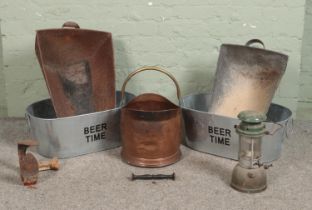 A collection of assorted items, to include Willis Bates 'Vapalux' light, copper coal basket, two