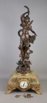 A Rousseau spelter and marble clock titled 'Deveil De La Nature' depicting a young maiden with