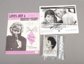 A collection of signed ephemera to include monochrome Alma Cogan photocard, Dudley Moore Crazy