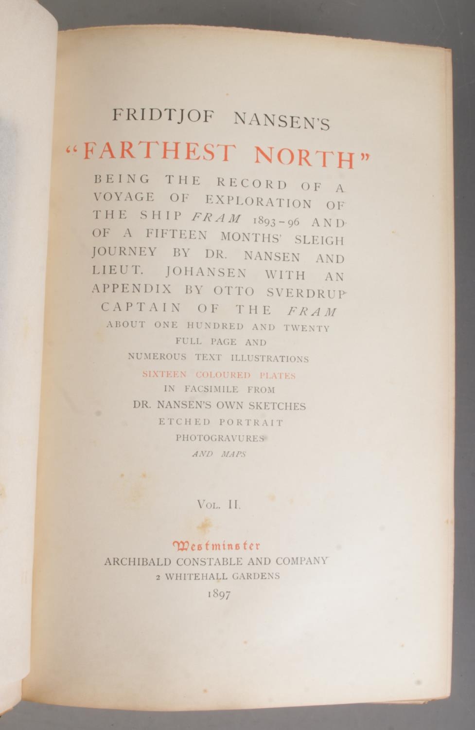 Three antique expedition books. Inlcudes Dr Fridtjof Nansen, Farthest North Volume One and Two, - Image 5 of 5