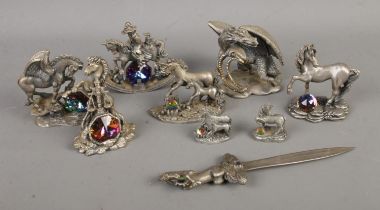 A collection of pewter Myth and Magic miniature figures to include letter opener, Guardian of the