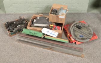 Two boxes of assorted model railway track to include Hornby Dublo, OO gauge, O gauge, turntables