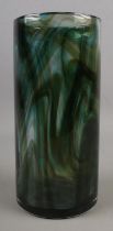 Whitefriars, Green and amber cylindrical vase Pat 9784, 22cm.