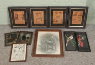 A collection of pictures. Includes bird feather pictures, stained glass panels, T Heath