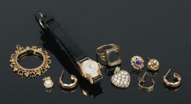 A collection of Gold and yellow metal jewellery, to include 18K Mudu ladies cocktail wristwatch,