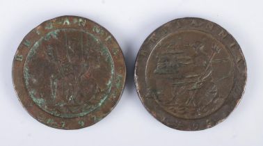 Two George III 'cartwheel' two penny coins, both dated 1797.