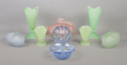 A quantity of coloured glass, to include Sowerby Swan butter dish and Bagley Equinox blue vase.