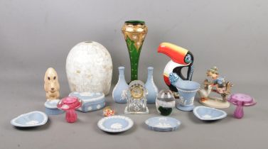 A quantity of collectable ceramics and glassware. To include Wedgwood jasperware, glass mushrooms,