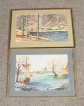 A pen and ink countryside scene signed "A Field" together with a watercolour signed "J E Brown"