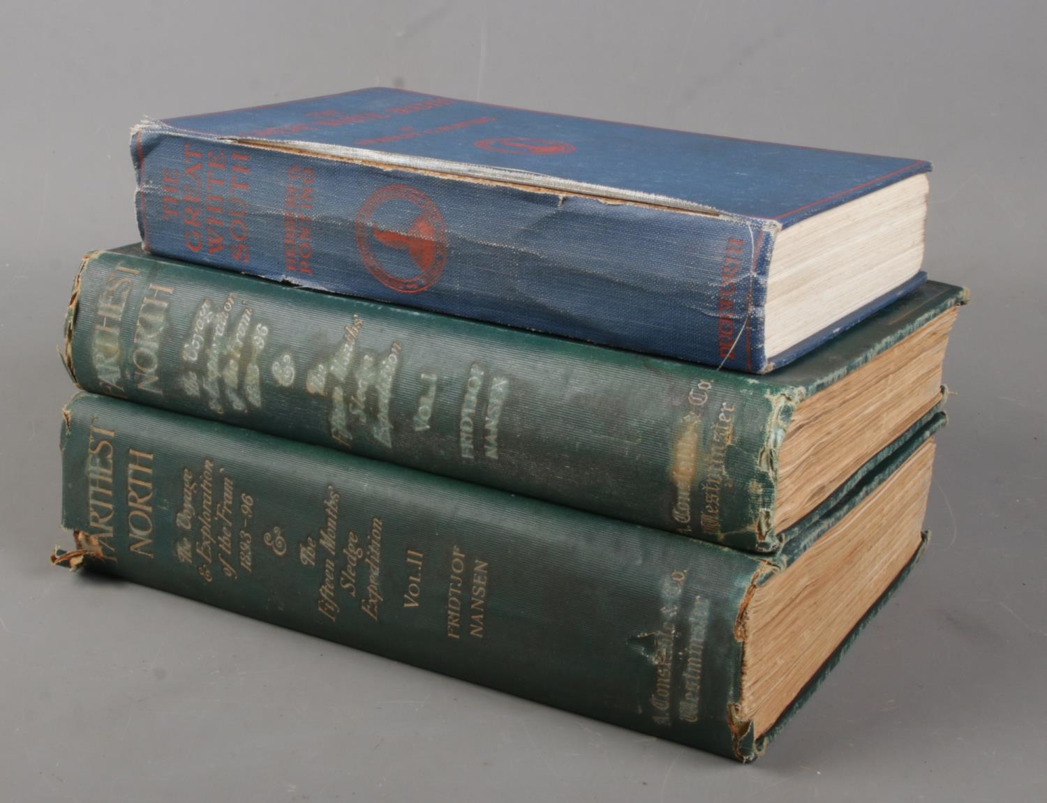 Three antique expedition books. Inlcudes Dr Fridtjof Nansen, Farthest North Volume One and Two,