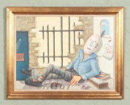 Thomas McMath (unknown), a framed acrylic on canvas 'Man in Prison Cell'. Signed to the top left.