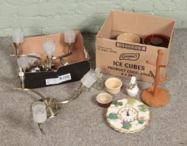 Two boxes of miscellaneous to include pair of ceiling lights, ceramic ramekins, glass bottle, mug