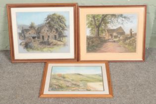 A collection of three pastel artworks of village/countryside theme including examples signed "C