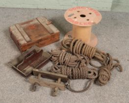 A quantity of assorted items. Includes wooden cutlery tray, 'explosives' crate, Doncaster Cables