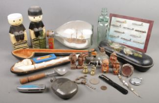 A good quantity of collectables. Includes large cased Meerschaum pipe, papier mache box, ship in a